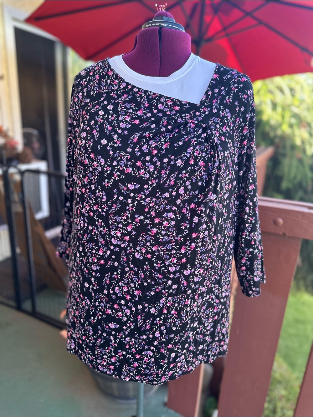 Lane Bryant Black Floral Tunic Top with Pink & Purple Blossoms